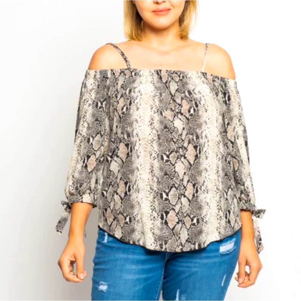 Snake Print Cold Shoulder, Tie Sleeves Blouse, Large